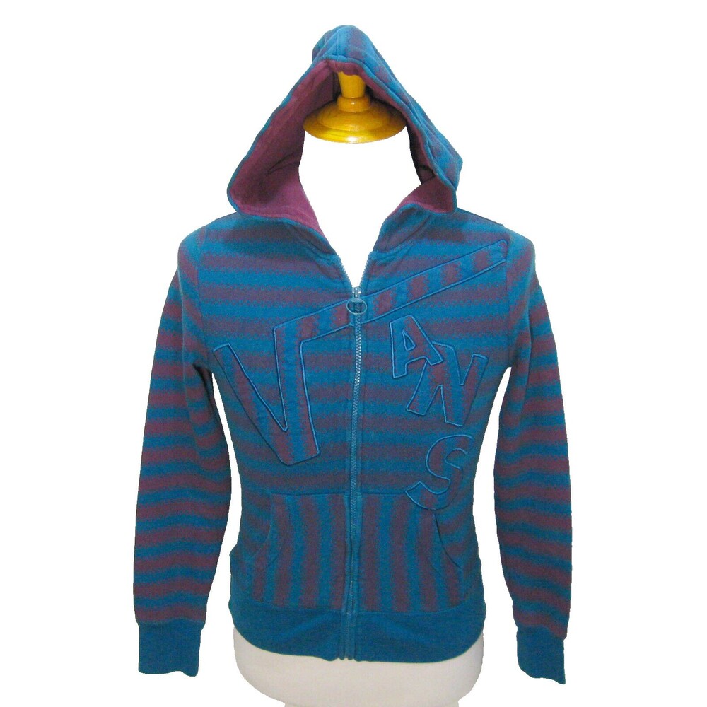 VANS Boy's (Medium) Blue Striped Full Zip Hoodie Hooded Sweatshirt Long Sleeve